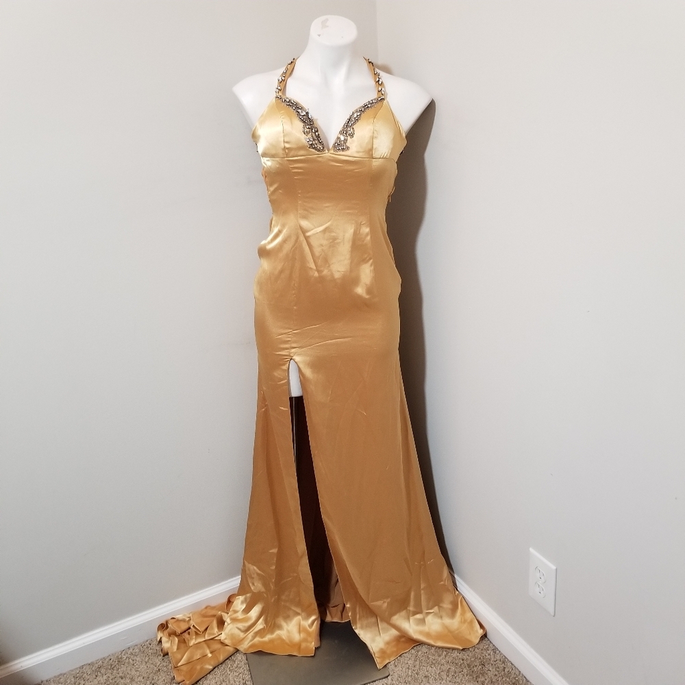 Sz 2 Mid-Y2K Vintage Paris by Tony Bowls Gold Satin Gown with Cross Straps